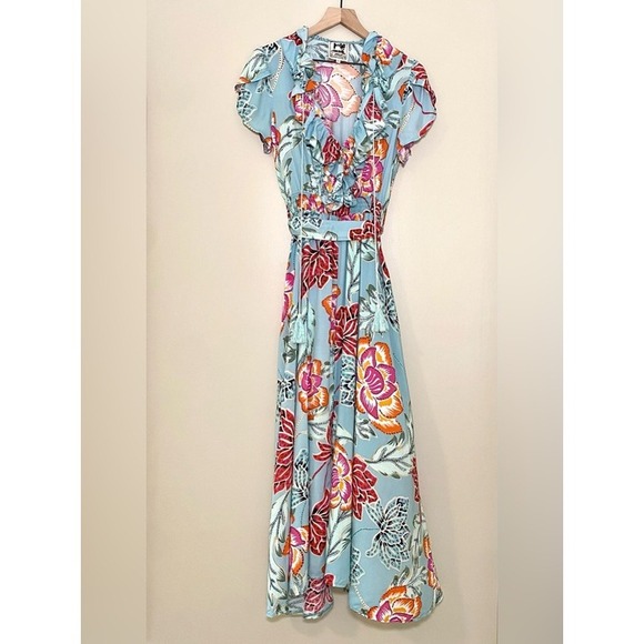 Jaase Dresses & Skirts - Jaase Boho Aqua Light Blue Floral Dress Ruffle Flowy Tassel Smocked Medium